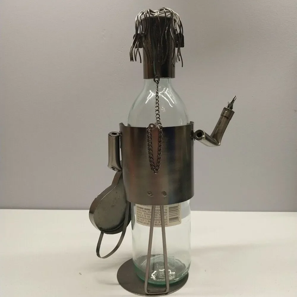Handmade Metal Rock Guitarist Wine Bottle Holder Peace Sign Sculpture 12.5